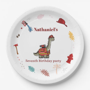 Cute Firefighter Dinosaur roar and rescue Birthday Paper Plate
