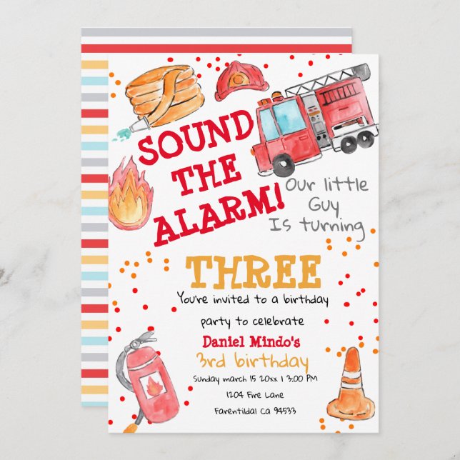 Cute firefighter, firetruck kid birthday invite (Front/Back)