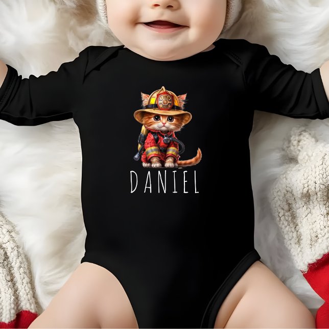Cute Firefighter Kitten Fireman in Action Baby Bodysuit (Creator Uploaded)