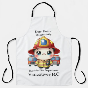 Cute firefighter with emergency vehicles apron