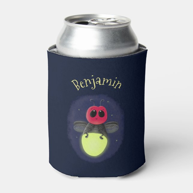 Cute firefly lightning bug cartoon illustration can cooler (Can Front)