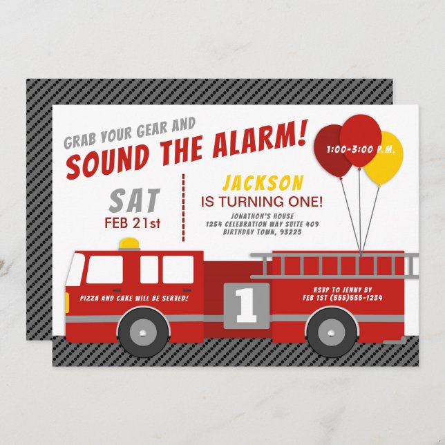 Cute Firetruck Birthday Party Invitation (Front/Back)