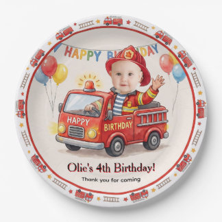 Cute Firetruck Custom Photo Boy Birthday Party Paper Plate