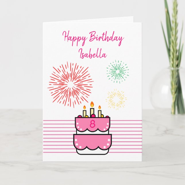 Cute Fireworks and Cake Pink Girly 8th Birthday Card (Front)