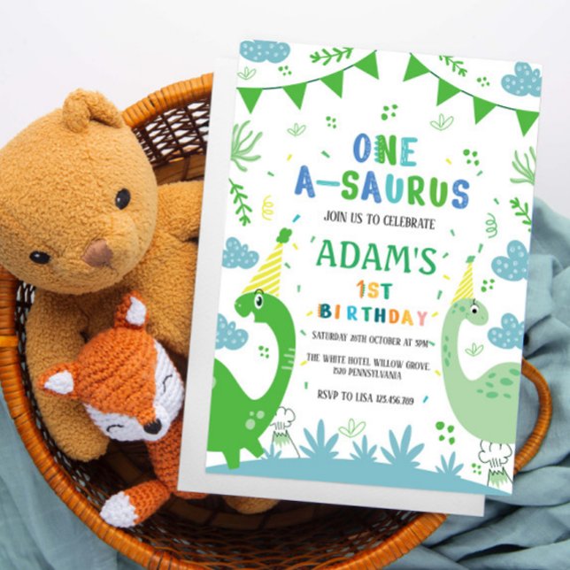 Cute First 1st Birthday Green Dinosaur Invitation (Creator Uploaded)