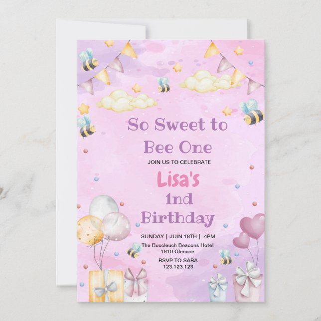 Cute First 1st Birthday Honey Sweet Bee Purpule Invitation (Front)