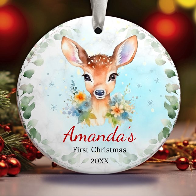 Cute first baby Christmas baby deer girl Ceramic  Ceramic Ornament (Creator Uploaded)