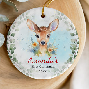 Cute first baby Christmas baby deer girl Ceramic  Ornament