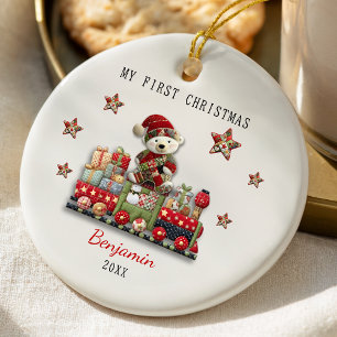 Cute first baby Christmas patchwork bear train Ceramic Ornament