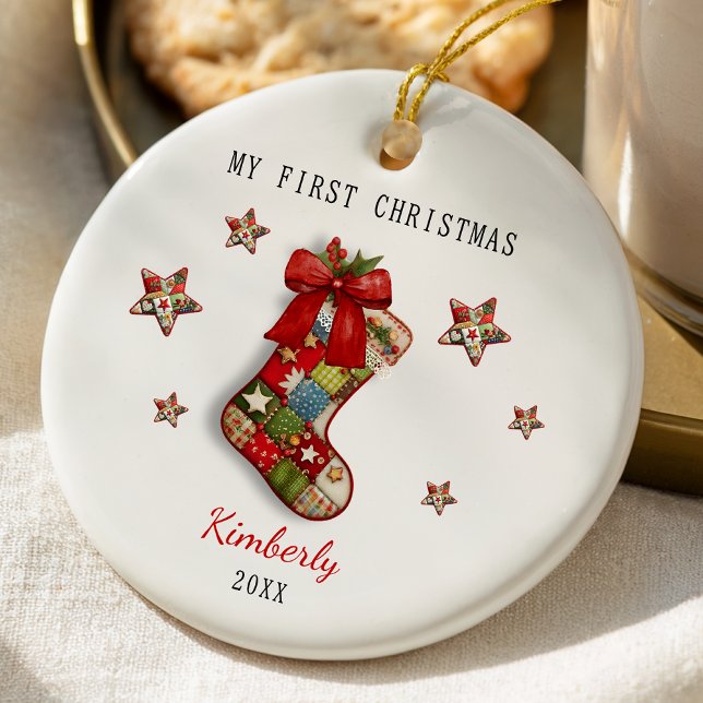 Cute first baby Christmas patchwork stocking Ceramic Ornament (Creator Uploaded)