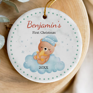 Cute first baby Christmas teddy bear blue Ceramic Ornament