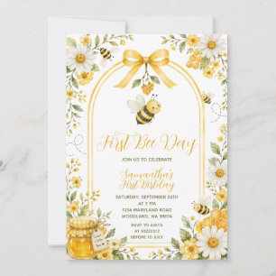 Cute First Bee Day Birthday Daisy Floral Yellow Invitation