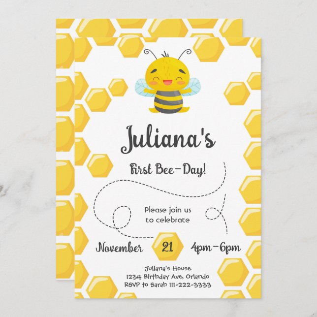 Cute First Bee-Day Birthday Invitation (Front/Back)