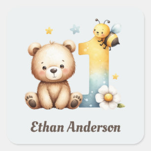 Cute First Birthday Bear and Bee Square Sticker
