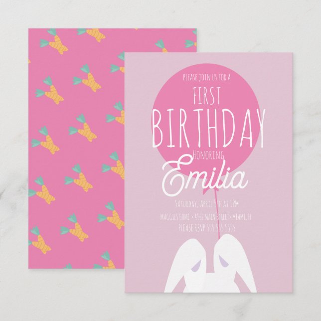 Cute First Birthday Bunny Party Invitation (Front/Back)