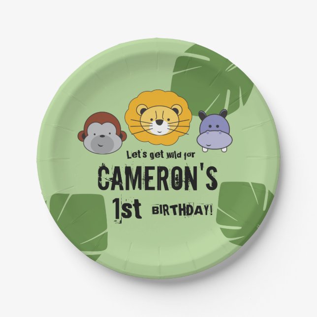 Cute first Birthday Jungle Safari animal theme Paper Plate (Front)