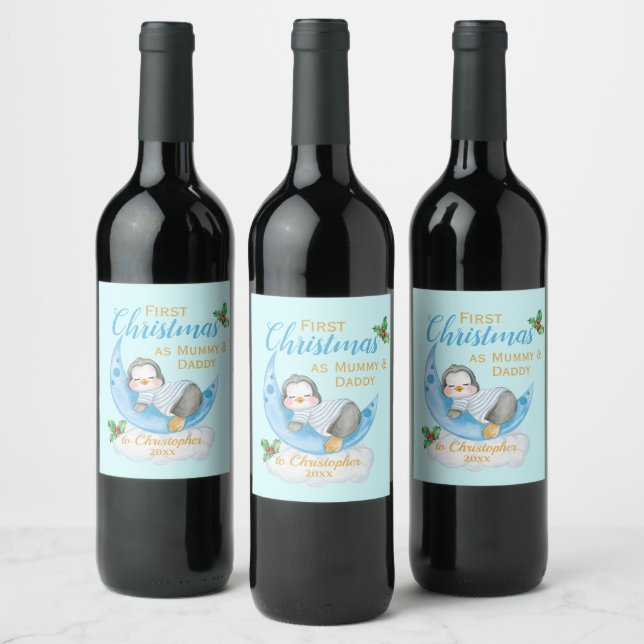 Cute First Christmas as Mummy & Daddy Blue Penguin Wine Label (Bottles)