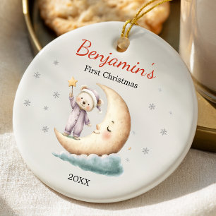 Cute first christmas baby teddy bear crescent ceramic ornament