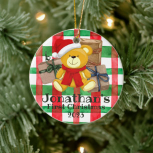 Cute First Christmas bear presents watercolor Ceramic Ornament