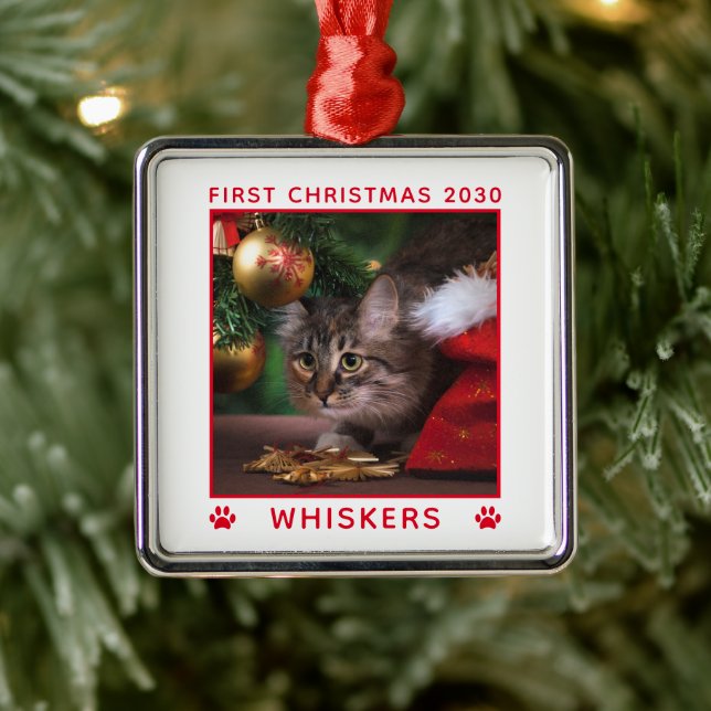 Cute First Christmas Cat Photo Name Year Custom Metal Ornament (Tree)
