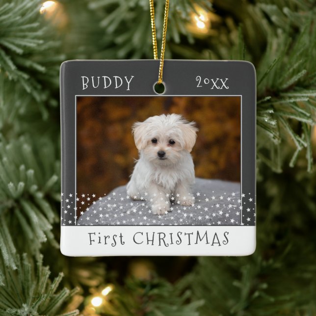 Cute First Christmas Dog Pet Photo Stars Grey  Ceramic Ornament (Tree)