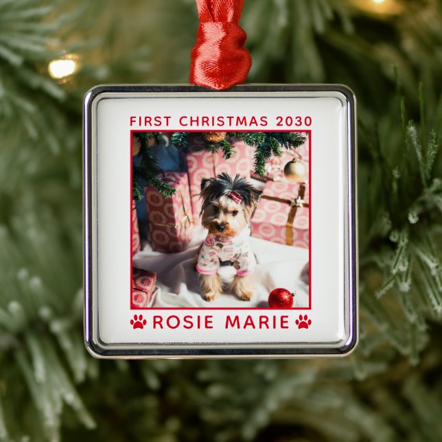 Cute First Christmas Dog Photo Name Year Custom Metal Ornament (Tree)