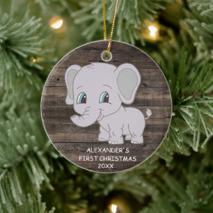 Cute First Christmas Elephant Boy Baby's Ceramic Ornament