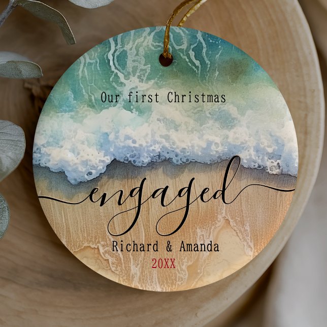Cute first Christmas engaged coastal beach Ceramic Ornament (Creator Uploaded)