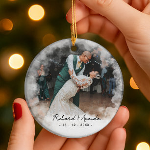 Cute first Christmas engaged faded photo Ceramic Ornament