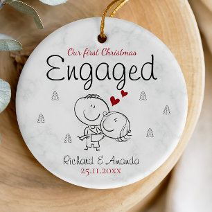 Cute first Christmas engagement cartoony couple Ceramic Ornament