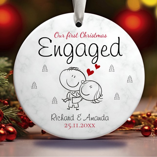 Cute first Christmas engagement cartoony couple  Ceramic Ornament (Creator Uploaded)
