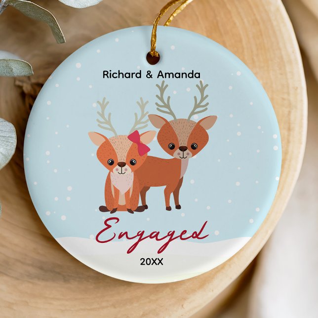 Cute first Christmas engagement deer couple Ceramic Ornament (Creator Uploaded)