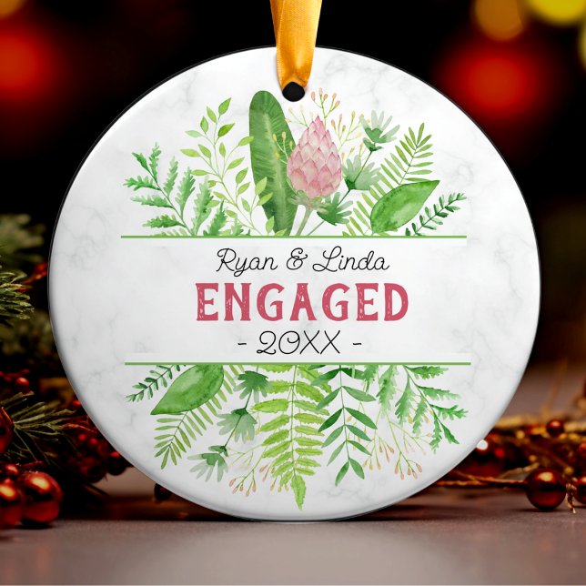 Cute first Christmas engagement floral greenery  Ceramic Ornament (Creator Uploaded)