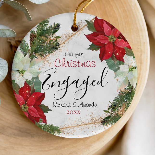 Cute first Christmas engagement Poinsettia flower Ceramic Ornament (Creator Uploaded)