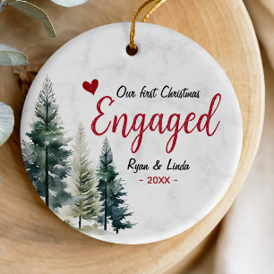 Cute first Christmas engagement red heart Ceramic Ornament