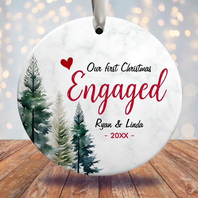 Cute first Christmas engagement red heart Ceramic Ornament (Creator Uploaded)