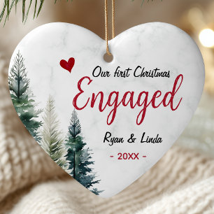 Cute first Christmas engagement red heart trees Ceramic Ornament