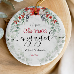 Cute first Christmas engagement red Poinsettia Ceramic Ornament