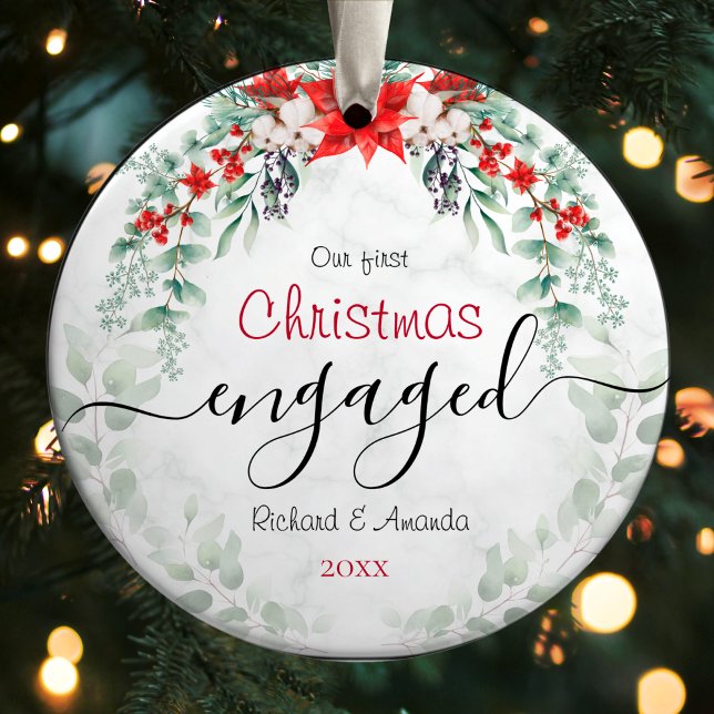 Cute first Christmas engagement red Poinsettia Ceramic Ornament (Creator Uploaded)