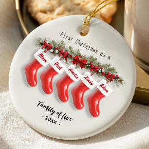 Cute first Christmas family of five red stockings Ceramic Ornament