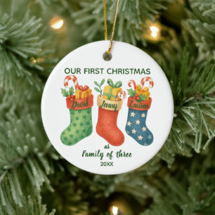 Cute First Christmas Family of Three Photo Ceramic Ornament