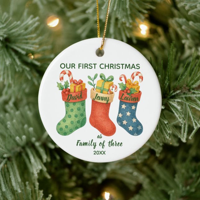 Cute First Christmas Family of Three Photo Ceramic Ornament (Tree)