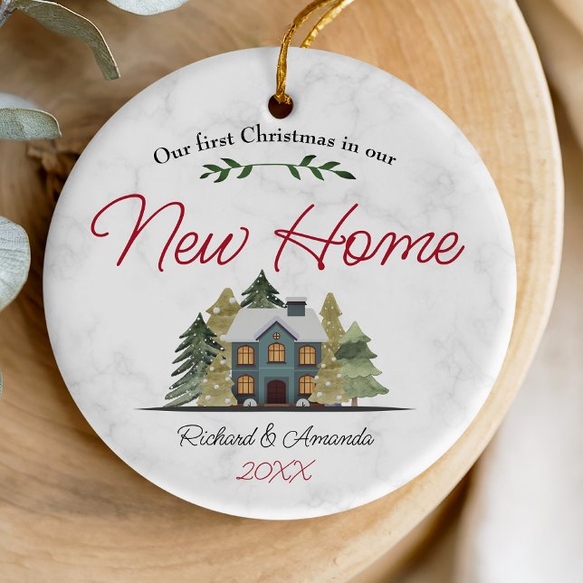 Cute first Christmas in our new home green trees Ceramic Ornament (Creator Uploaded)