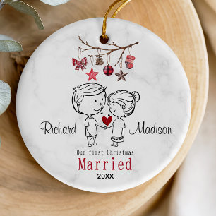 Cute first Christmas married cartoony couple Ceramic Ornament