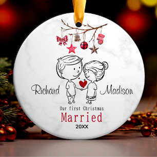 Cute first Christmas married cartoony couple  Ceramic Ornament