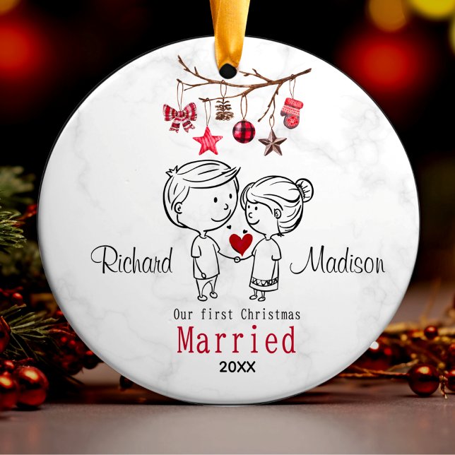 Cute first Christmas married cartoony couple  Ceramic Ornament (Creator Uploaded)