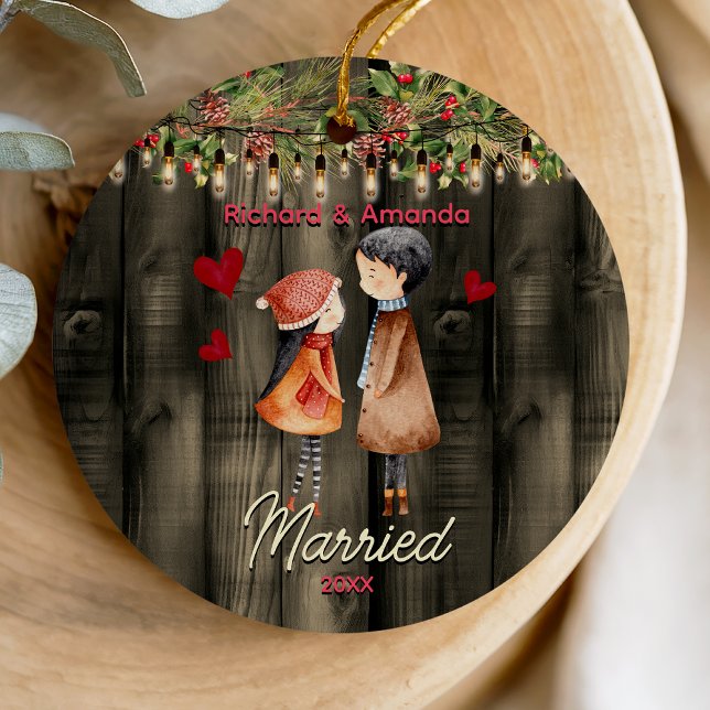 Cute first Christmas married cute couple  Ceramic Ornament (Creator Uploaded)