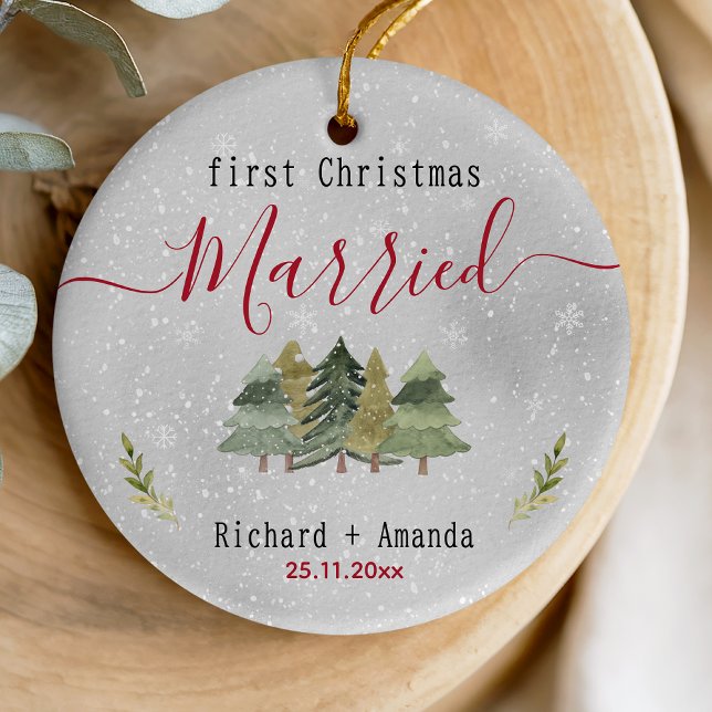 Cute first Christmas married green trees Ceramic Ornament (Creator Uploaded)