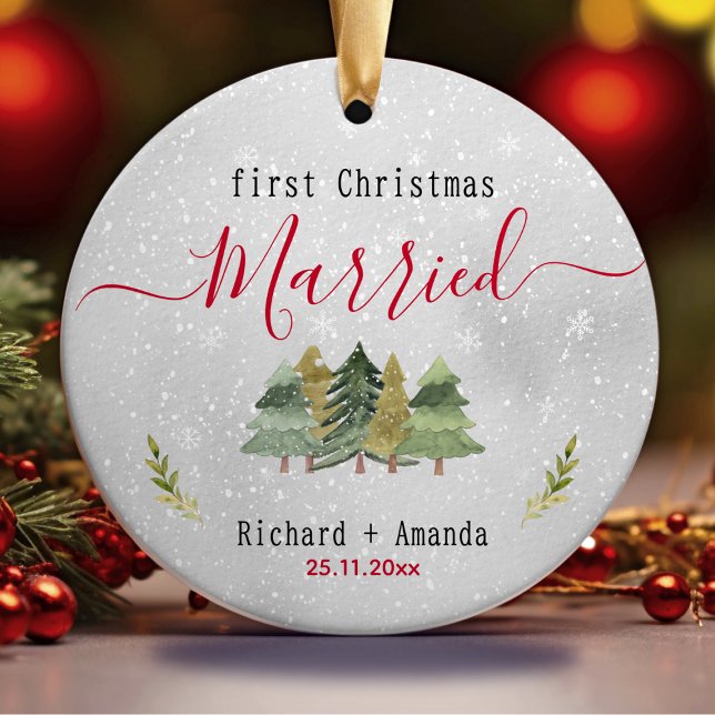 Cute first Christmas married green trees Ceramic Ornament (Creator Uploaded)