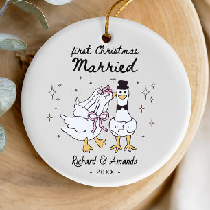 Cute first Christmas married silly goose Ceramic Ornament